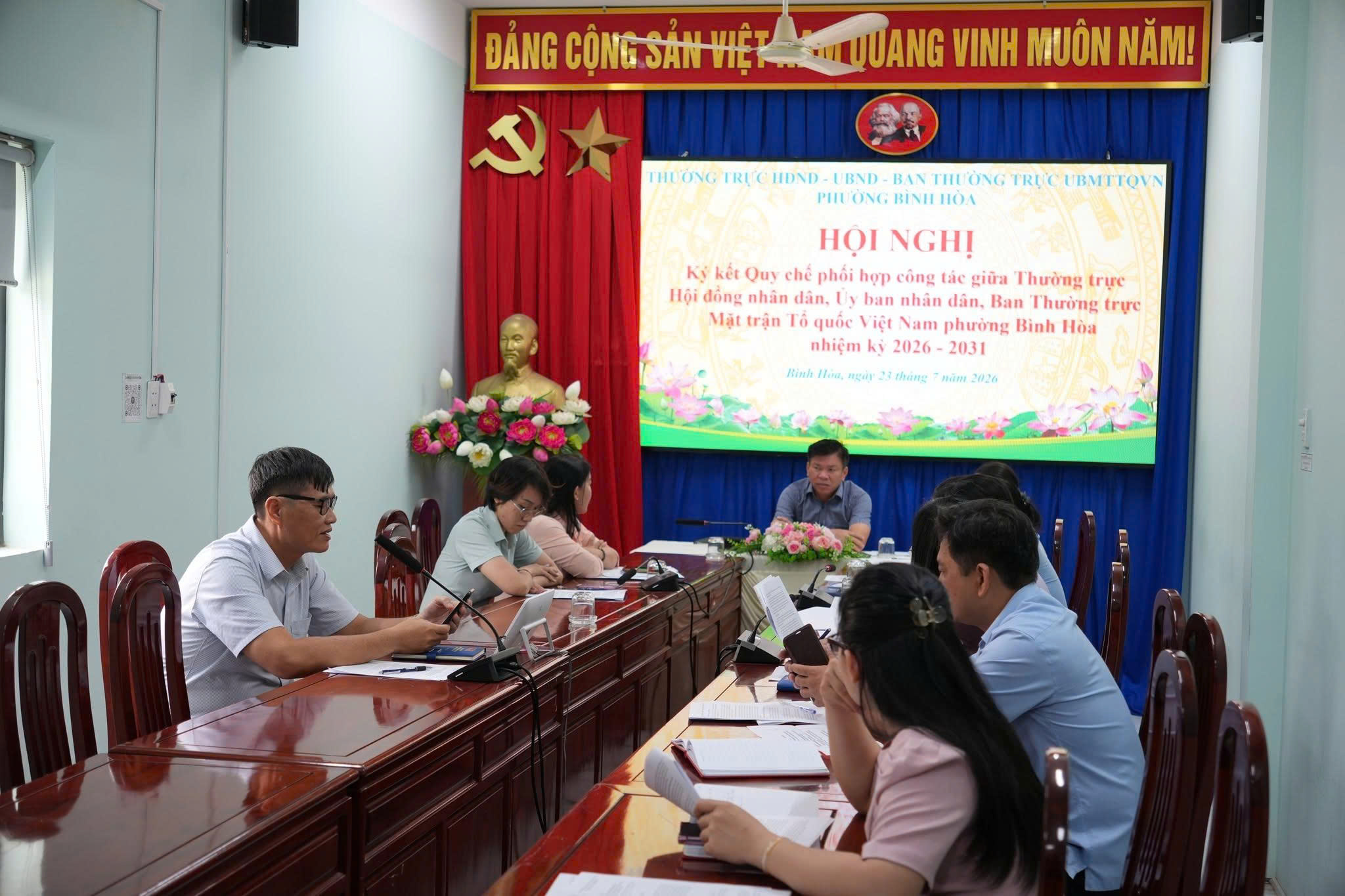 Phường Bình Hòa: Hội nghị ký kết Quy chế phối hợp công tác giữa Thường trực Hội đồng nhân dân, Ủy ban nhân dân, Ban Thường trực Ủy ban Mặt trận Tổ quốc Việt Nam phường Bình Hòa, nhiệm kỳ 2026 - 2031